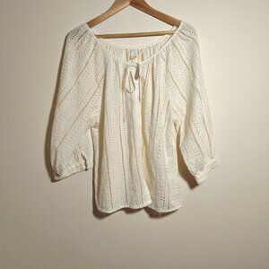 Joie Eyelet Embroidered Button Front Balloon Sleeve Blouse sz L Pale Yellow